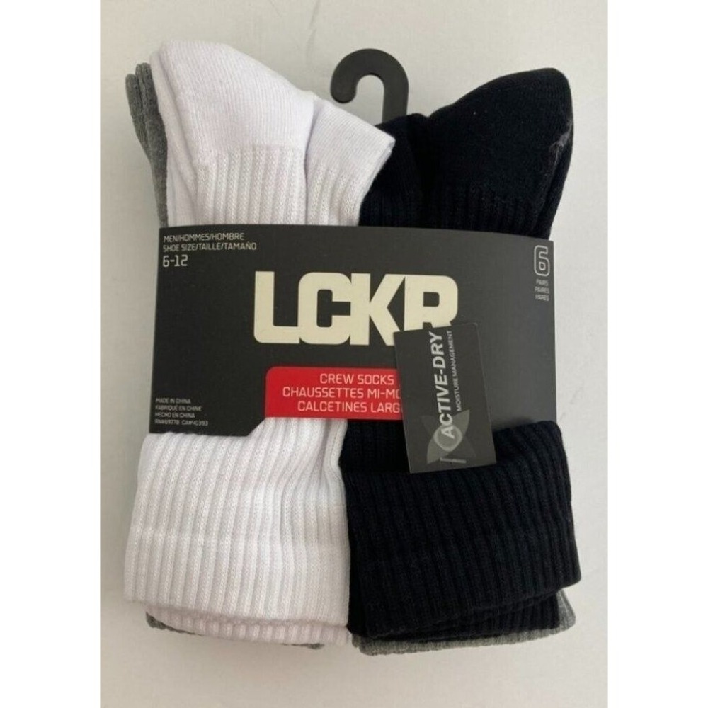 LCKR Mens 6 Pack Crew Socks Active-Dry Half Cushion Shoe 6-12 Black White Grey